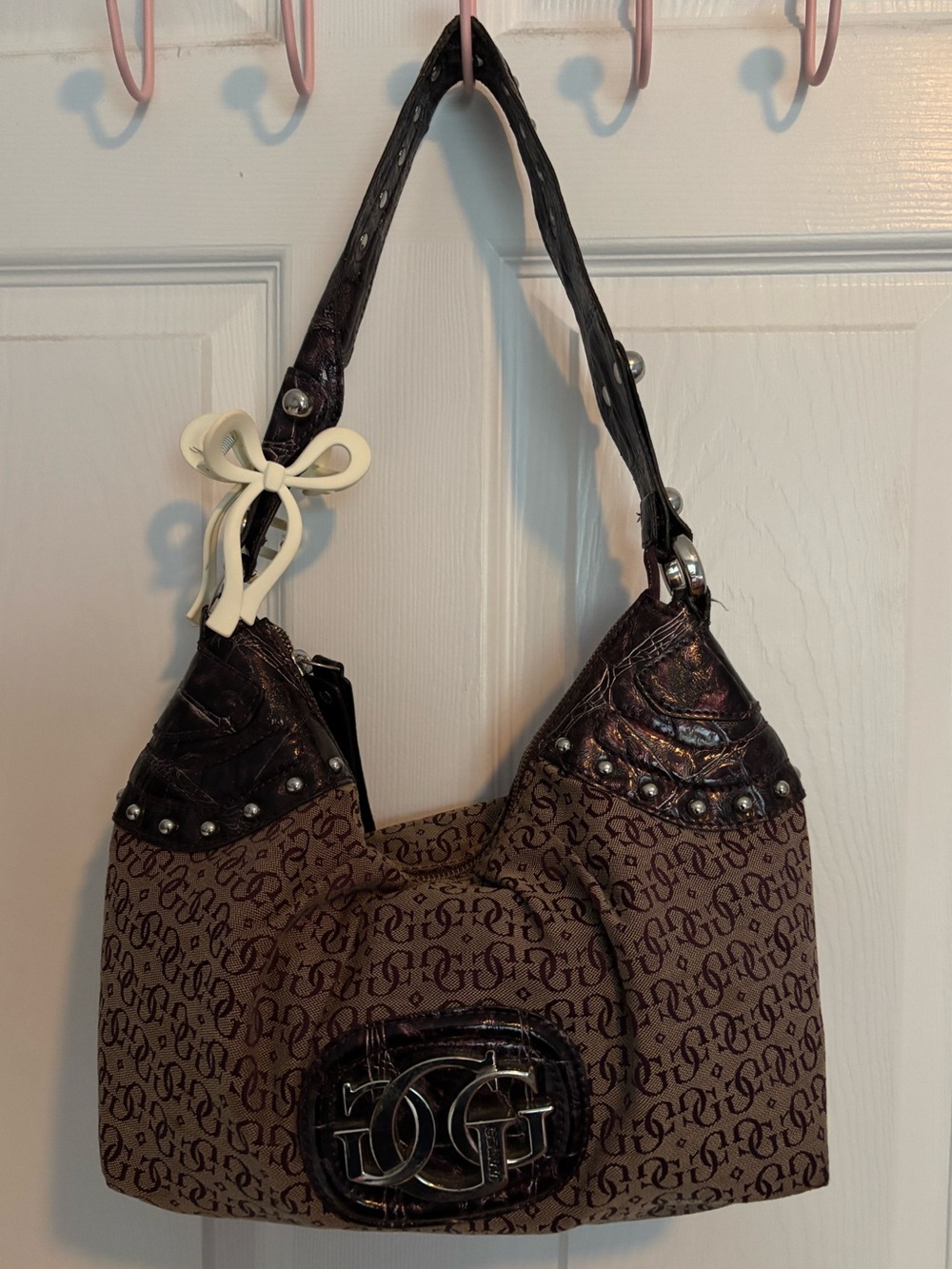 Vintage Guess y2k Purple and Brown Monogram Hobo Shoulder Bag